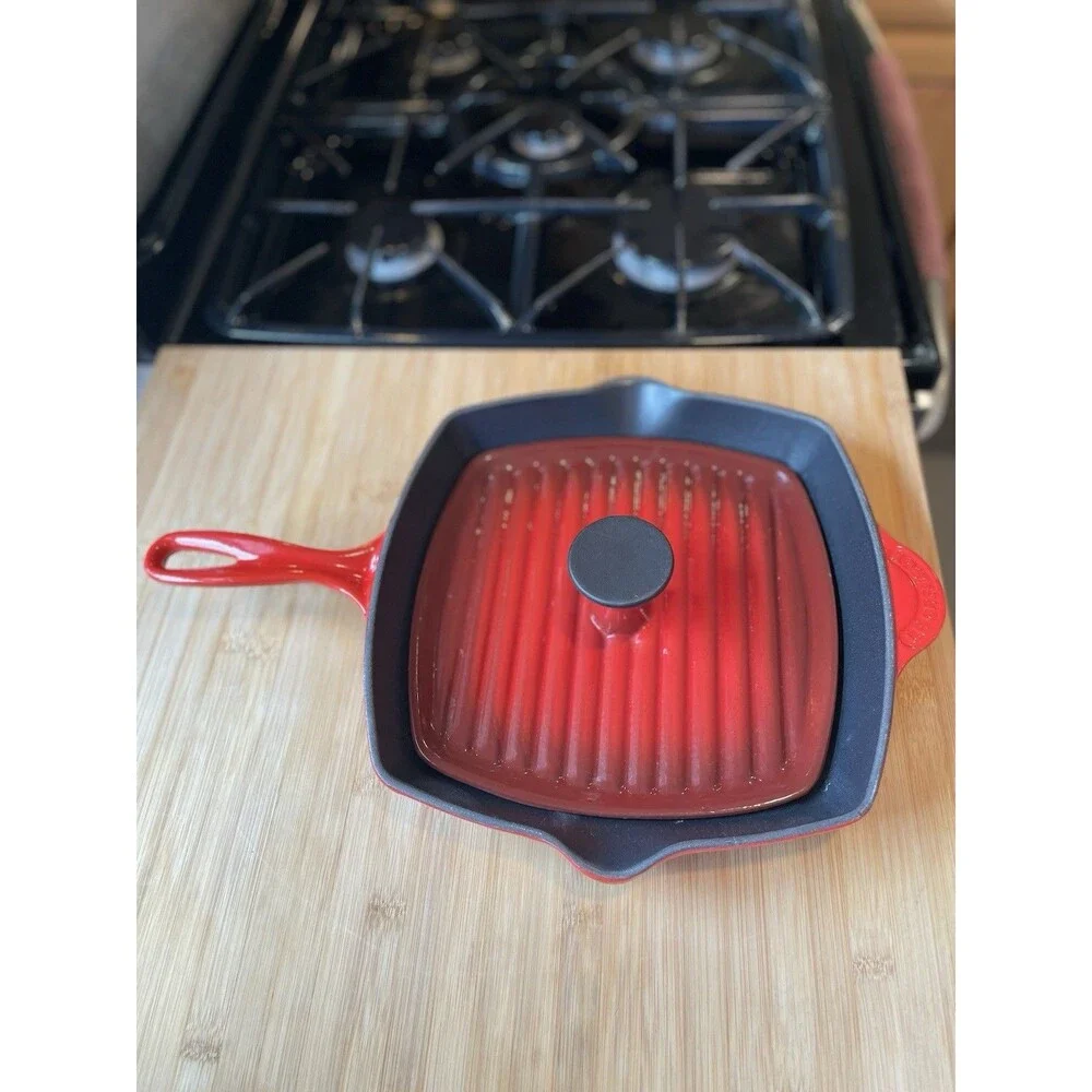 Vintage Le Creuset #26 Red Square Grill Pan France + Cast Iron Panini Press